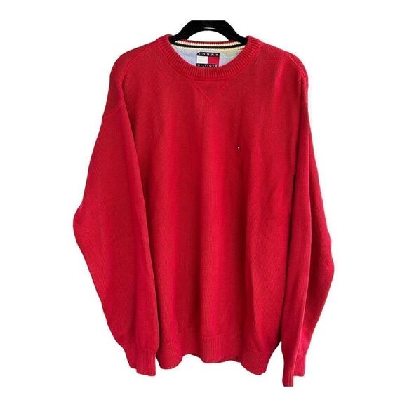 VTG Mens Red Tommy Hilfiger Box Logo Flag Knit Crewneck Sweatshirt Sweater Large - Picture 1 of 4